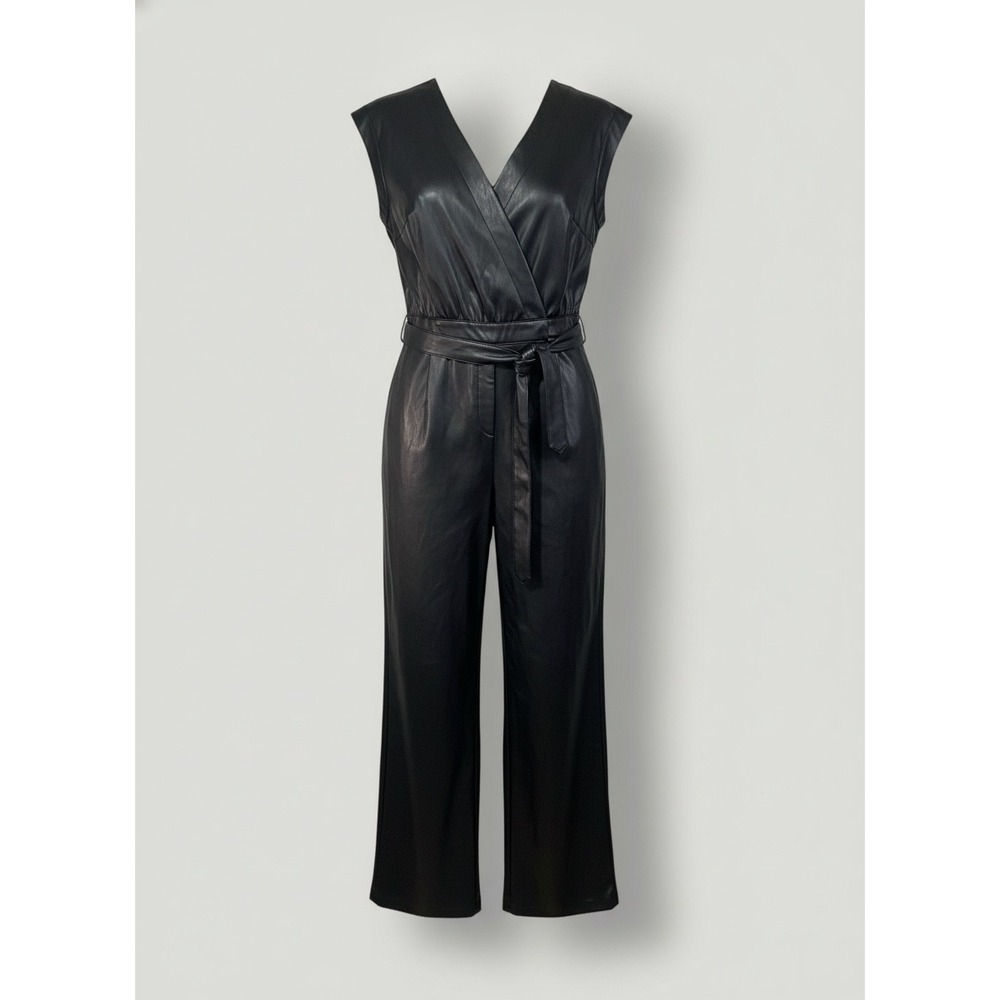 INC International Concepts Black Faux Leather Sleeveless Belted Jumpsuit XL NEW